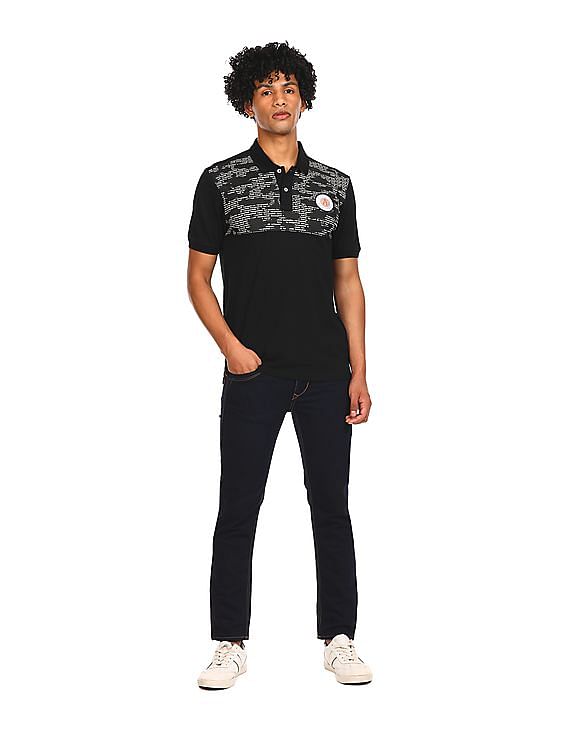 Aeropostale Women Black Cotton Brand Print Polo Shirt