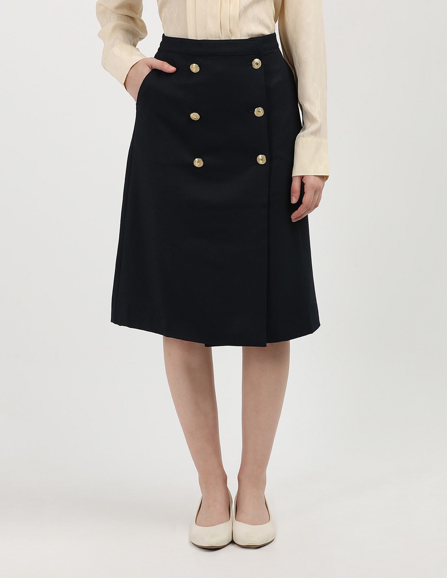 Tommy Hilfiger Gold Button Twill Midi Skirt