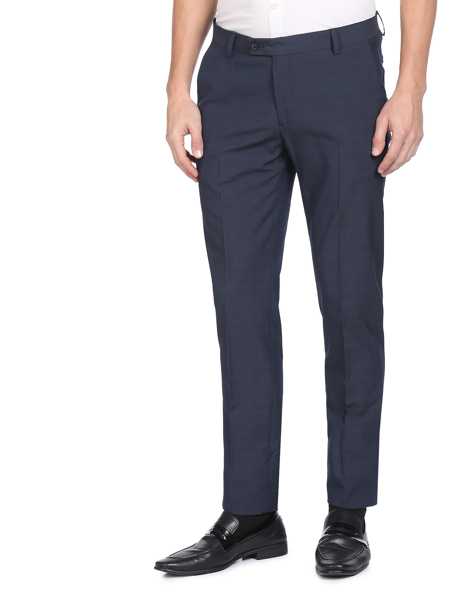 Buy Arrow Blue Mid Rise Dobby Formal Trousers Online