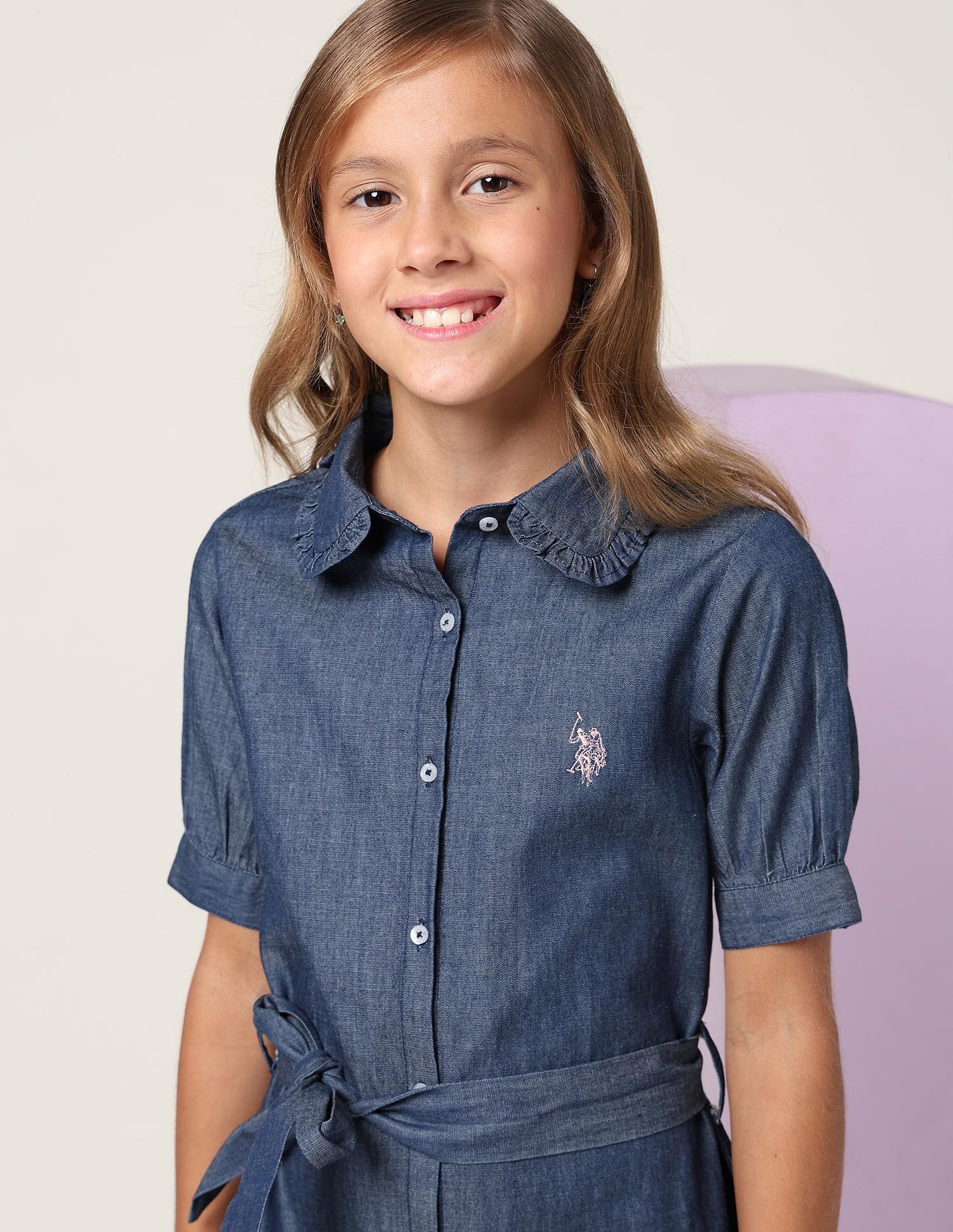 U.S. Polo Assn. Kids Girls Solid Denim Shirt Dress