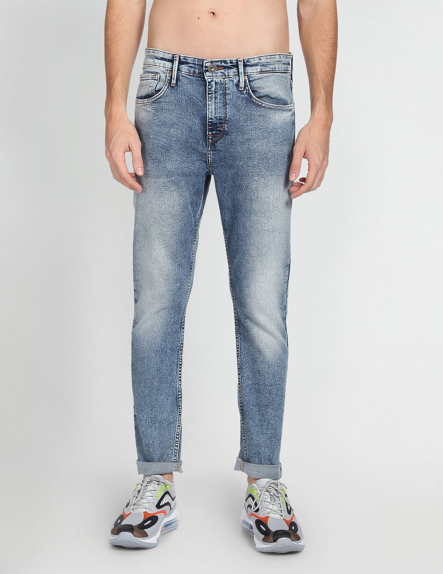 Flying Machine Mid Rise Slash Slim Tapered Jeans