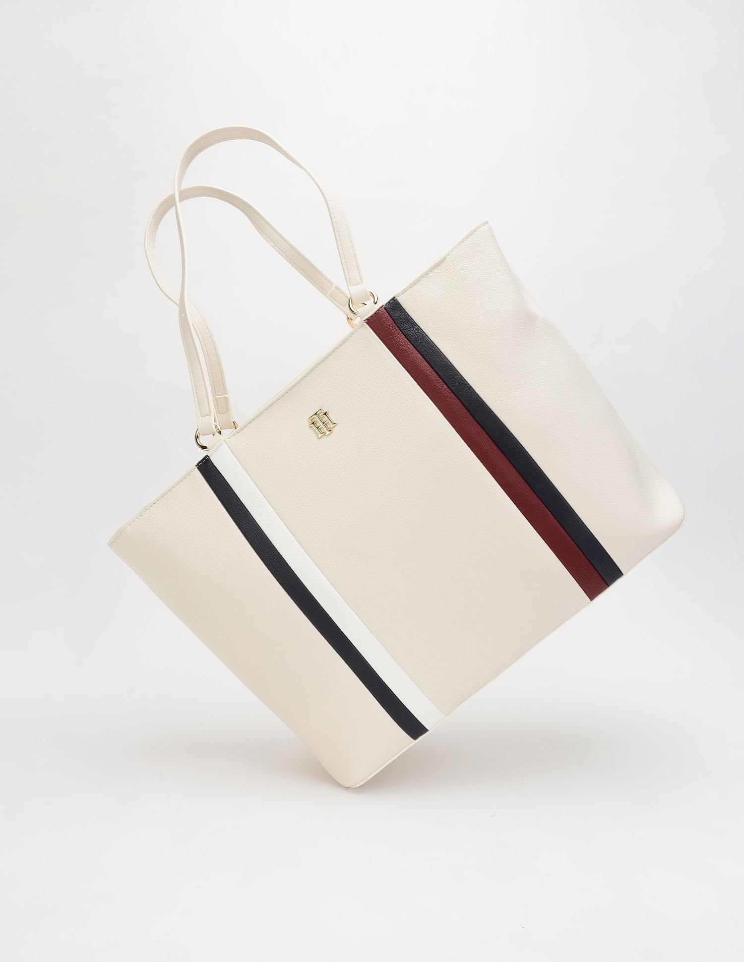 Tommy Hilfiger Striped Beige Pu Tote Bag