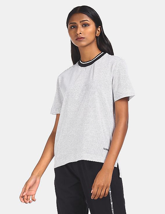 Buy Calvin Klein Women White Striped Neck Ribbed T-Shirt Round Metallic