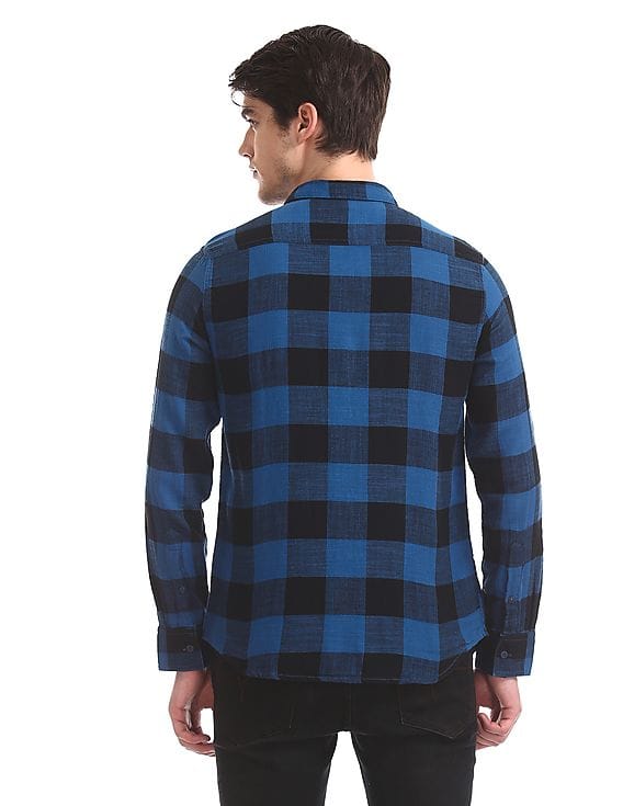 Men Blue Button Down Collar Check Shirt 