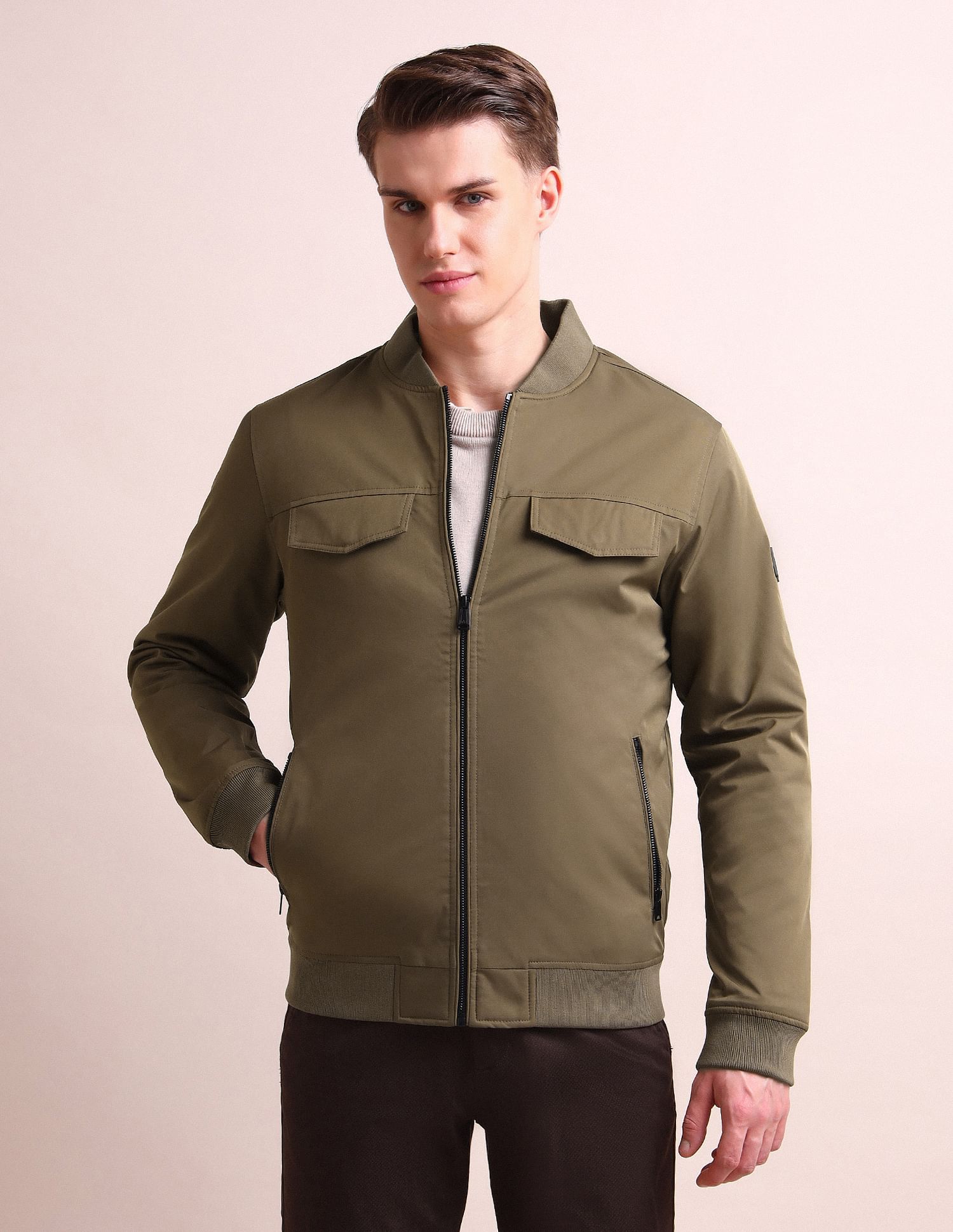Arrow Newyork Stand Neck Solid Bomber Jacket