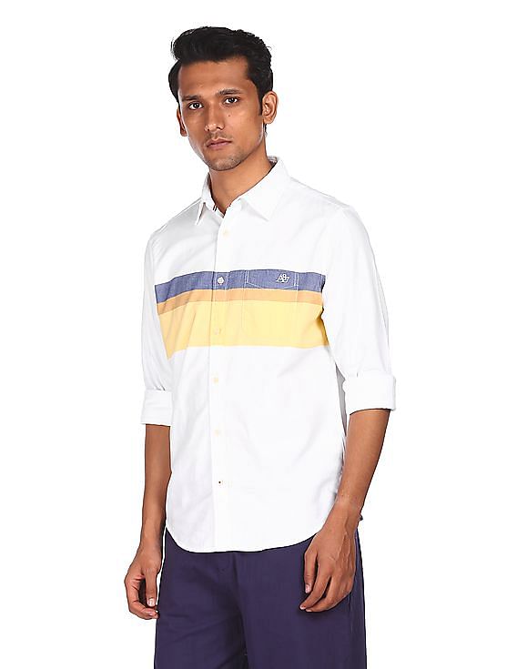 Aeropostale Men White And Yellow Spread Collar Striped Casual Shirt