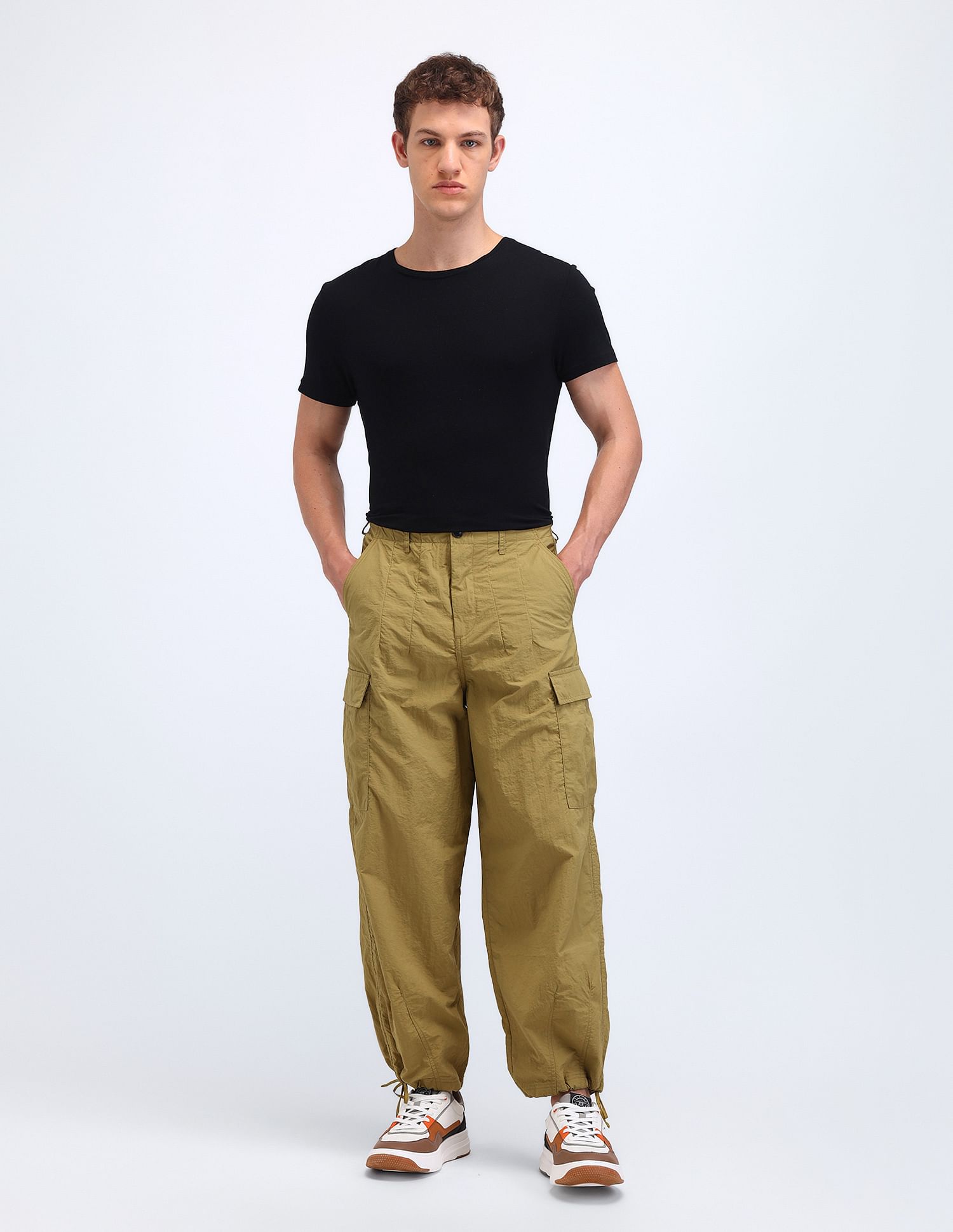 Flying Machine Loose Fit Solid Cargo Trousers