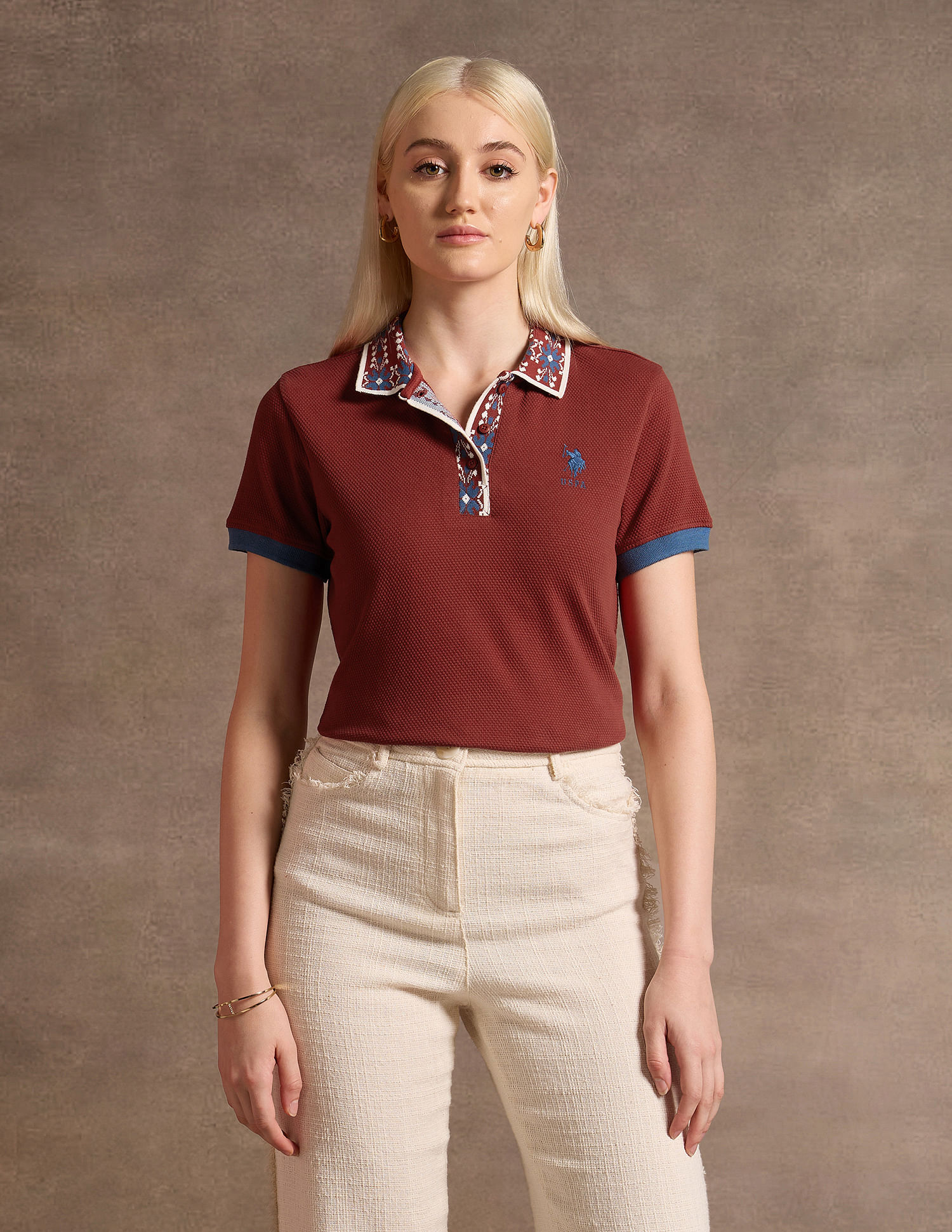 U.S. Polo Assn. Women Jacquard Collar Cotton Polo Shirt