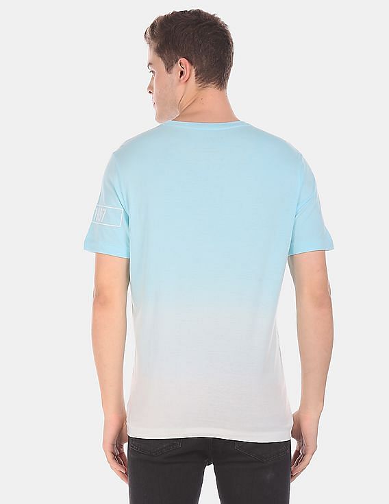 Aeropostale Men Light Blue And White Ombre Dyed Cotton T-Shirt