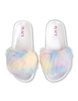 rainbow faux fur slides