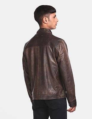 Buy Arrow Newyork High Neck Solid Leather Jacket - NNNOW.com