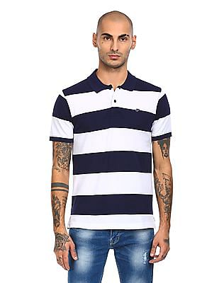 white and navy blue striped polo shirt