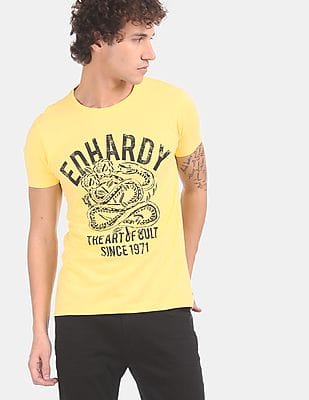 Buy Ed Hardy Men Yellow Front Print Crew Neck T-Shirt - NNNOW.com