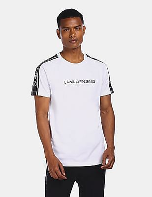 Buy Calvin Klein Men White Slim Fit Printed Logo Tape T