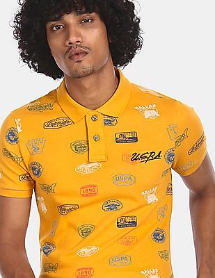 U S Polo Assn Denim Co Men Yellow Brand Print Cotton Pique Polo Shirt