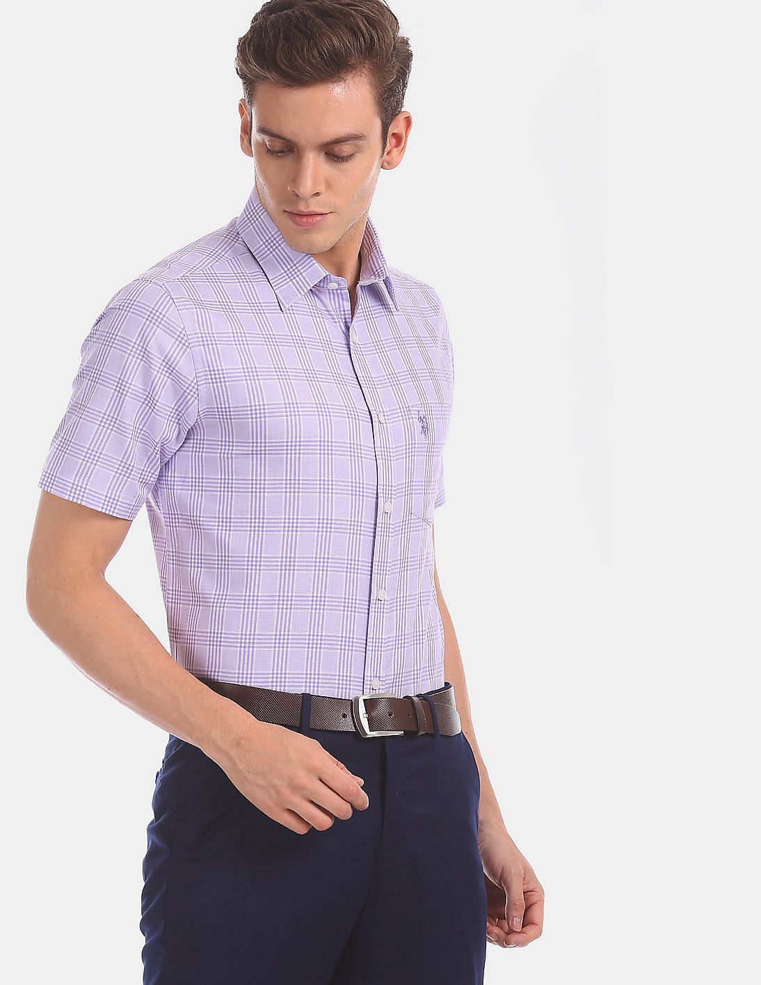 Buy USPA Tailored Men Men Lavender Short Sleeve Check Formal Shirt ...