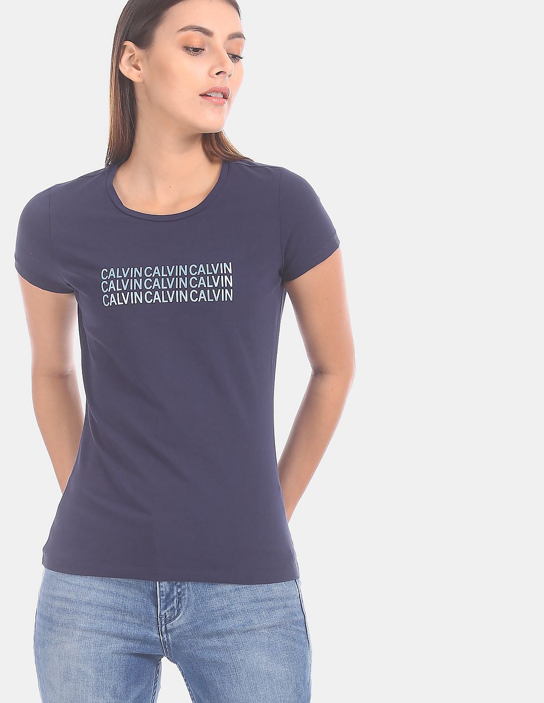 Buy Calvin Klein Women Navy Round Neck Short Sleeve Regular Fit T-Shirt ...