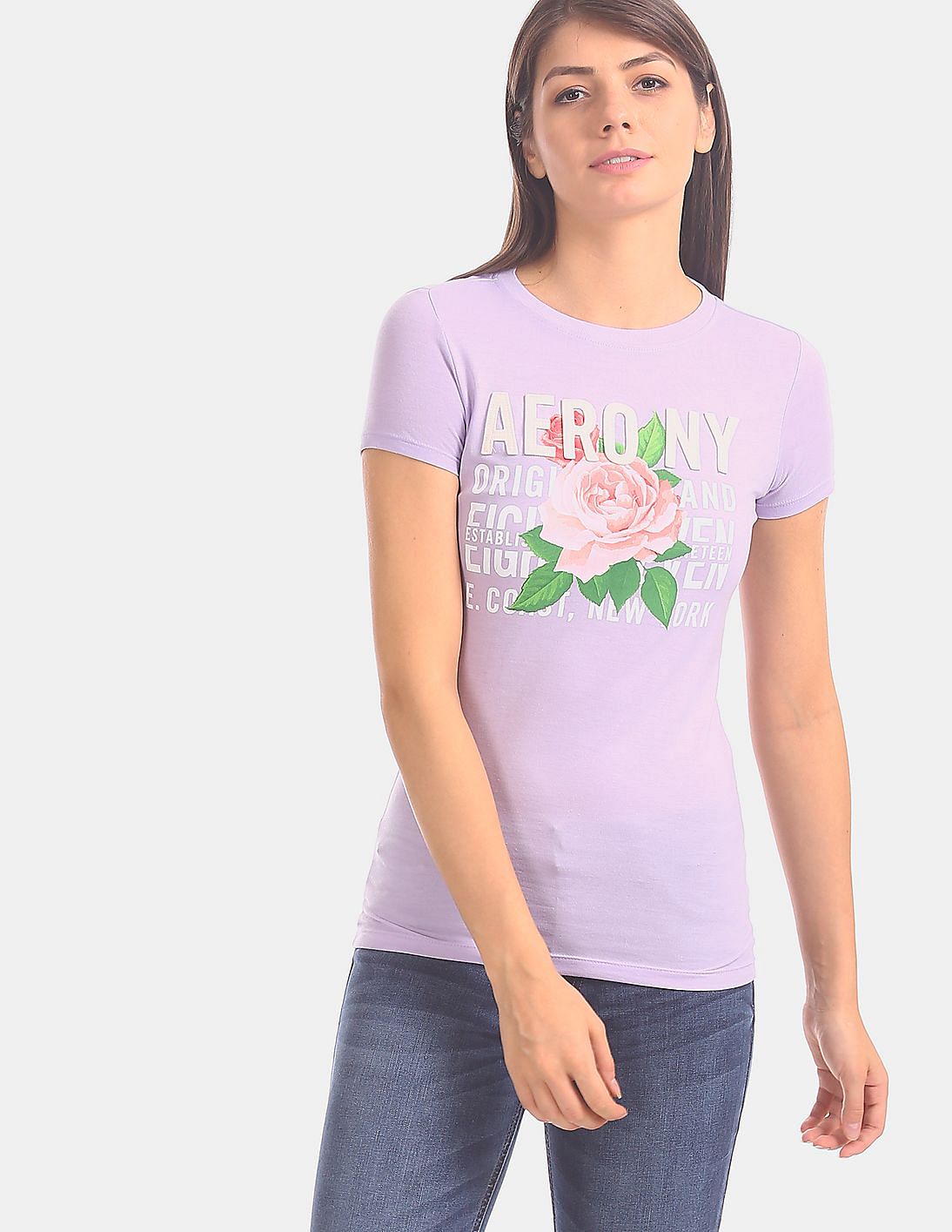 Buy Aeropostale Women Purple Brand Applique Floral Print T-Shirt ...