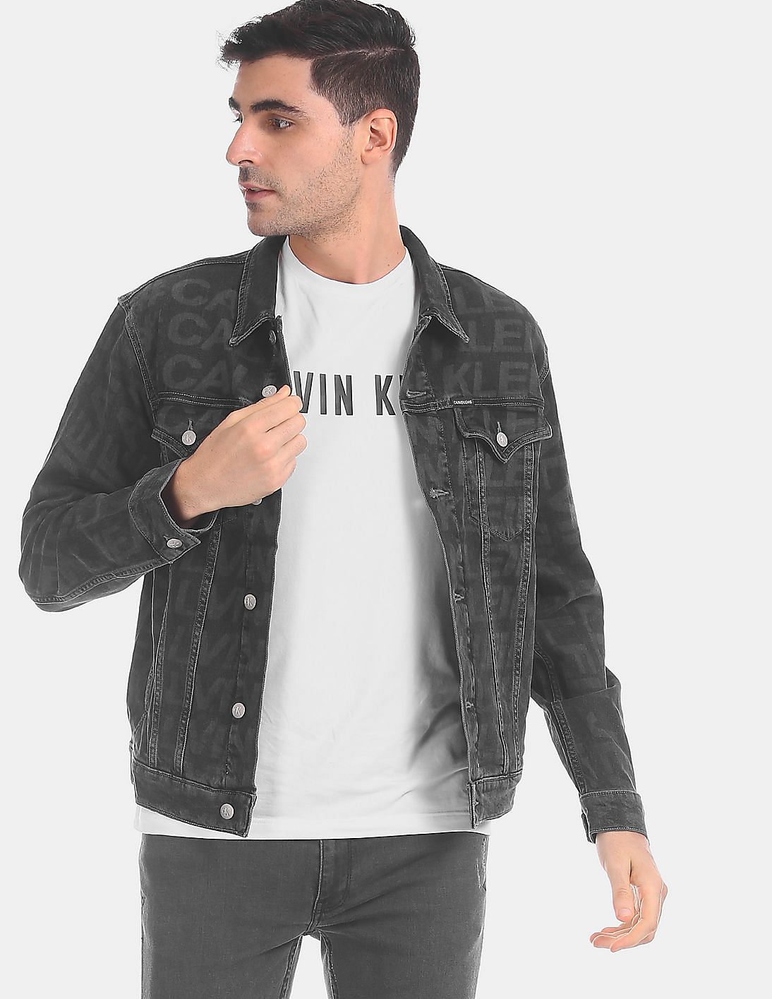 Buy Calvin Klein Men Black Slim Fit Brand Print Denim Jacket 