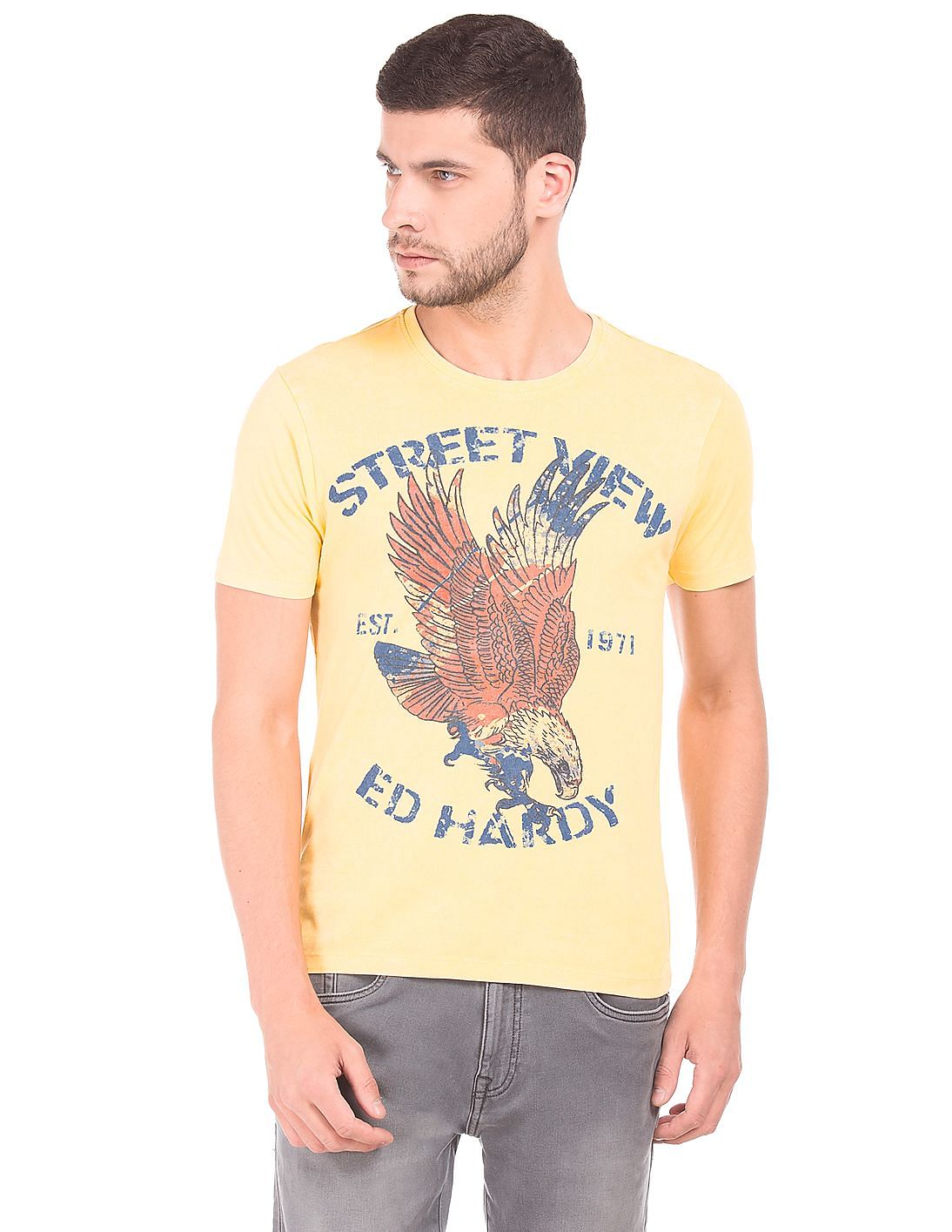Buy Ed Hardy Men Yellow Regular Fit Printed T-Shirt - NNNOW.com