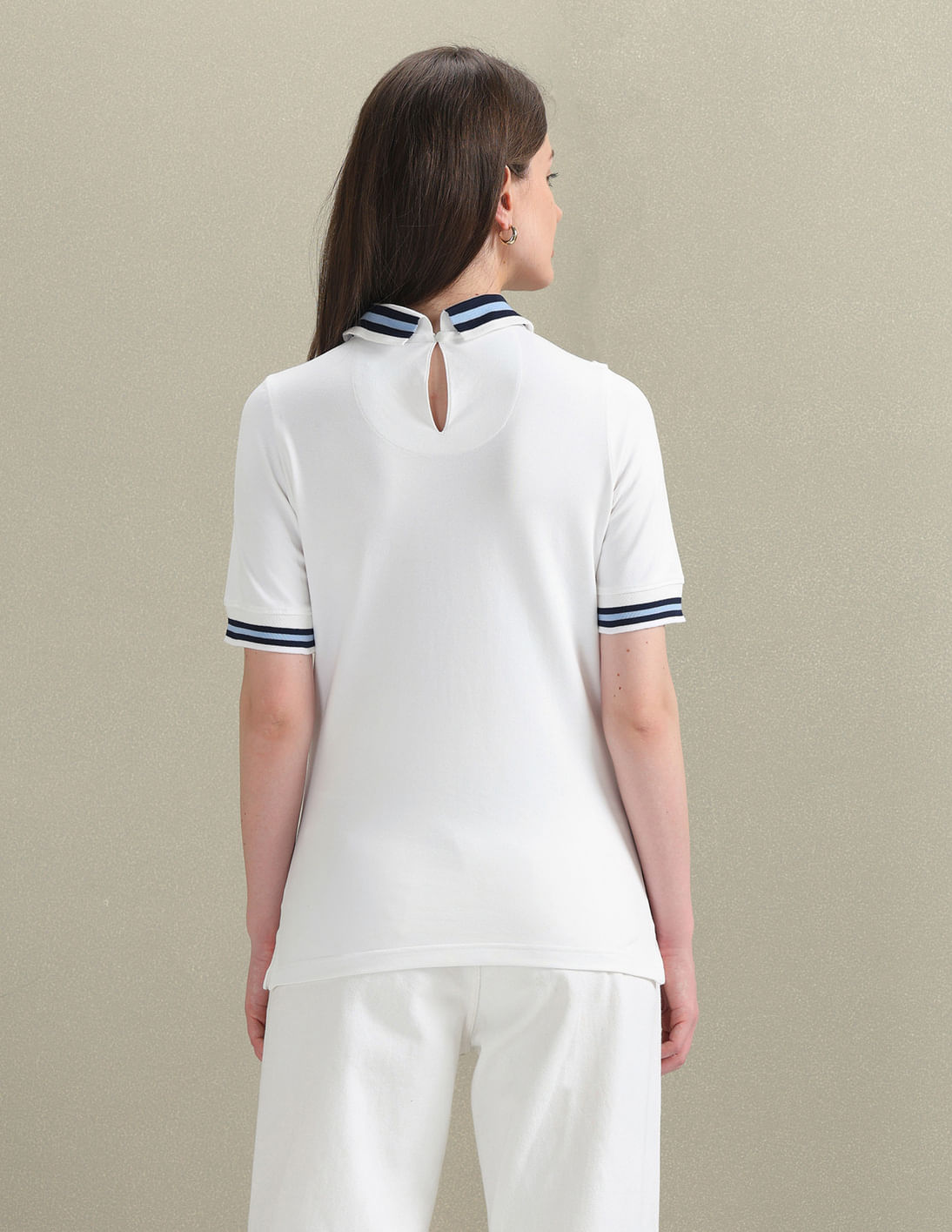 Buy U.S. Polo Assn. Women Striped Collar Pique Polo Shirt