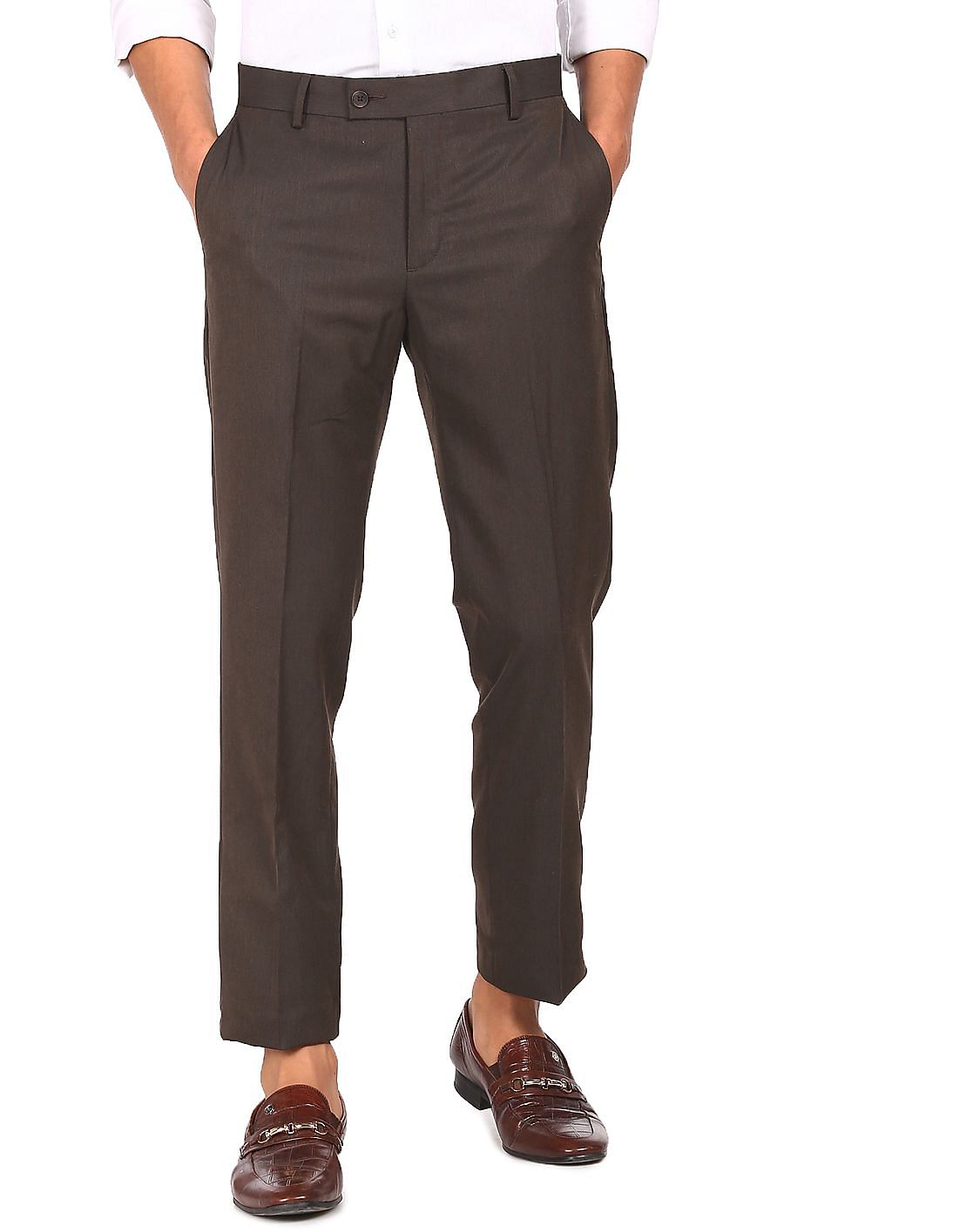 Mens Blue Polyester Solid Flat Front Formal Trousers
