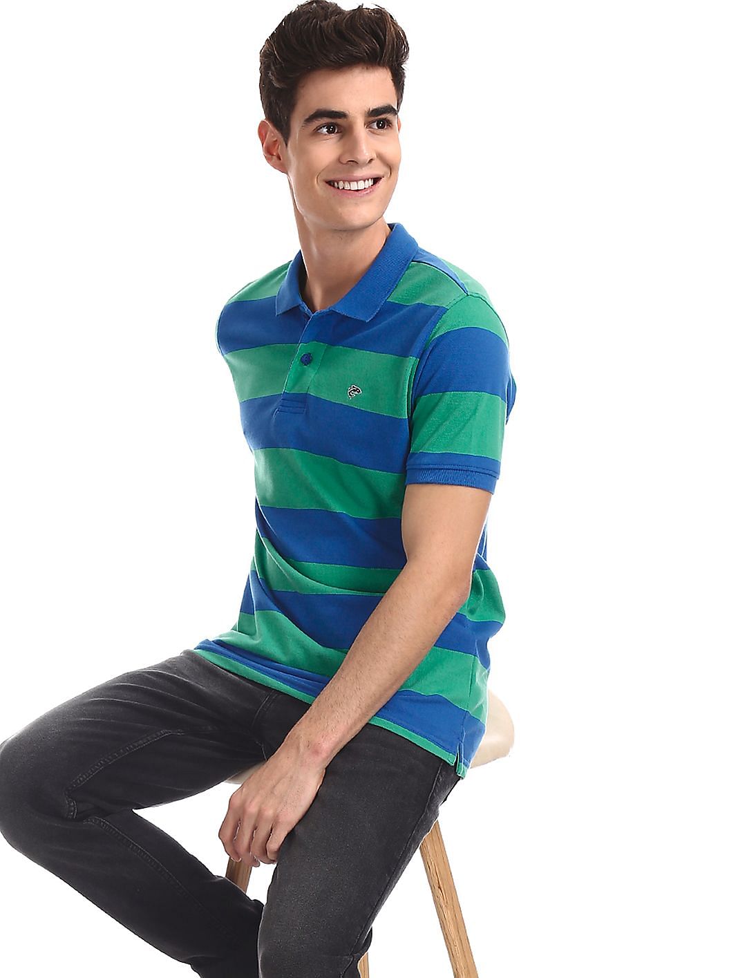 green striped polo shirt