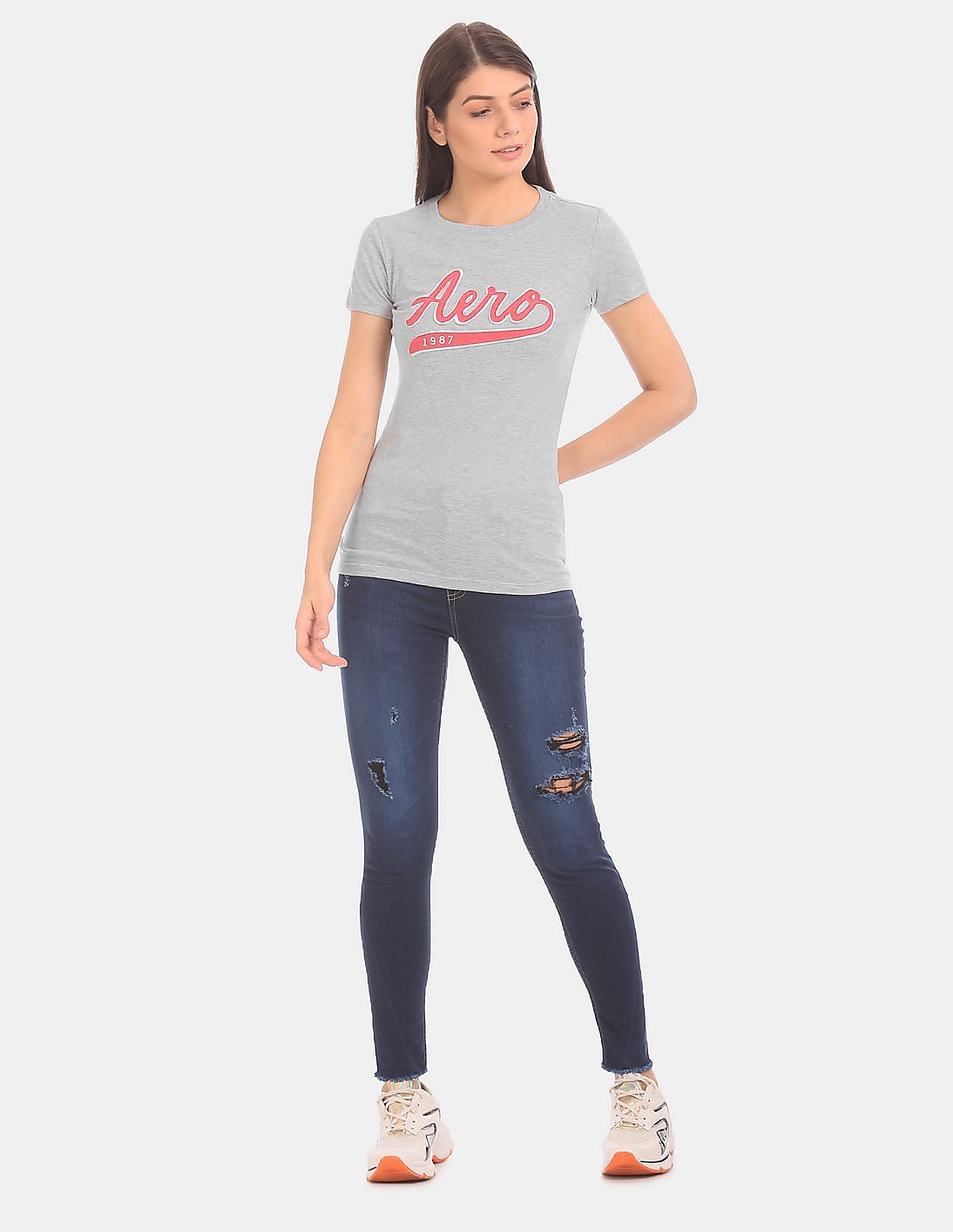 Buy Aeropostale Women Light Heather Grey Crew Neck Brand Applique