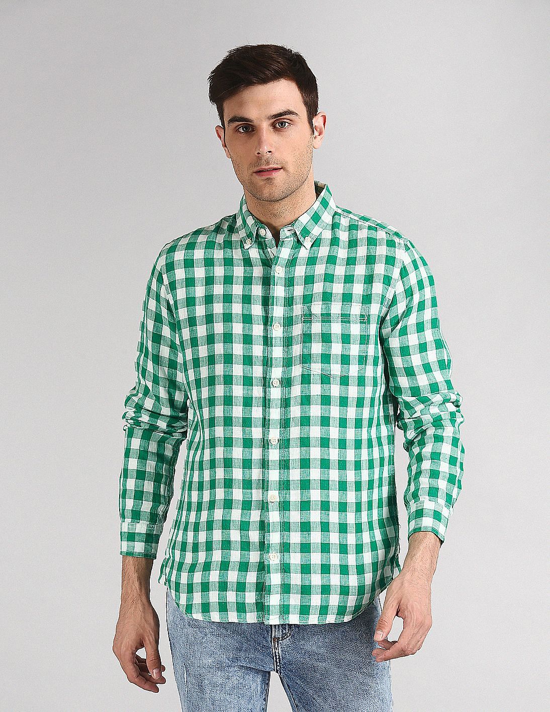 Buy GAP Men Green Check Linen Shirt - NNNOW.com