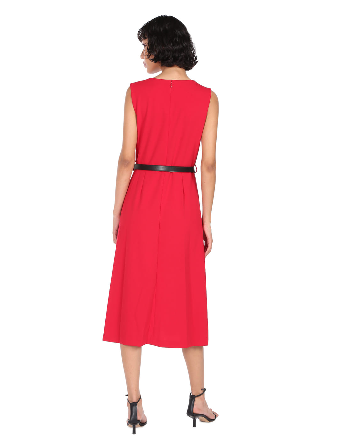 Buy Calvin Klein Women Red Solid A-line Belted Dress