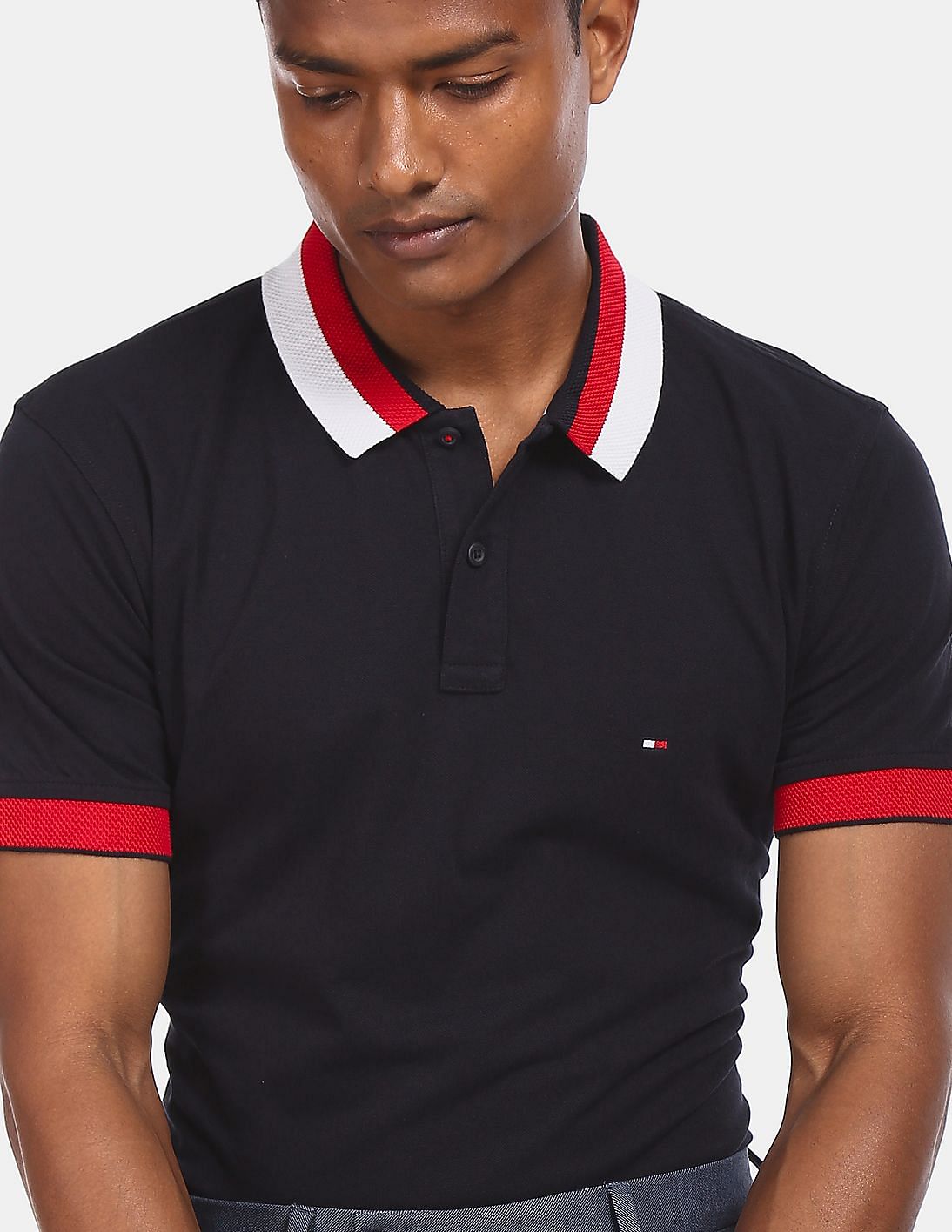 Buy Tommy Hilfiger Men Navy Regular Fit Ribbed Collar Solid Polo Shirt