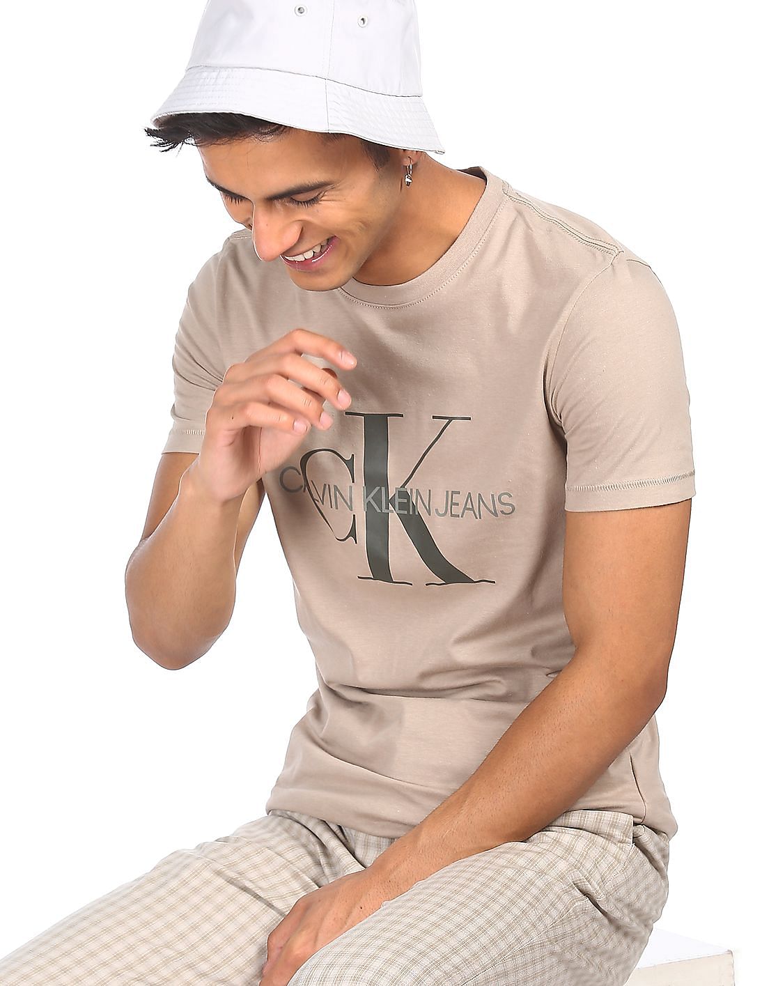 Buy Calvin Klein Men Beige Crew Neck Logo Print T-Shirt 