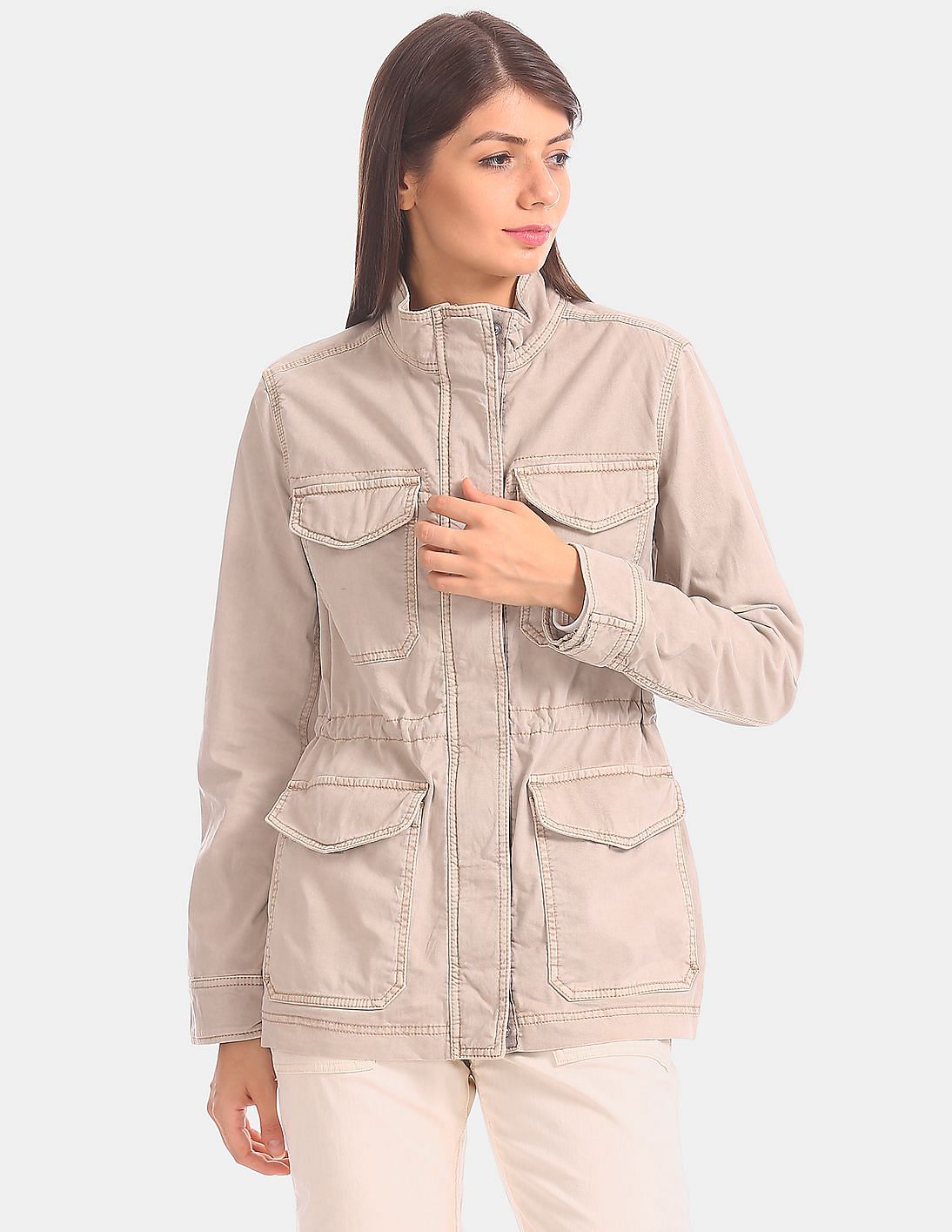 GAP レディースコットンジャケット(ベージュ) Buy GAP Women Beige Flap Pocket Cotton Stretch High Neck