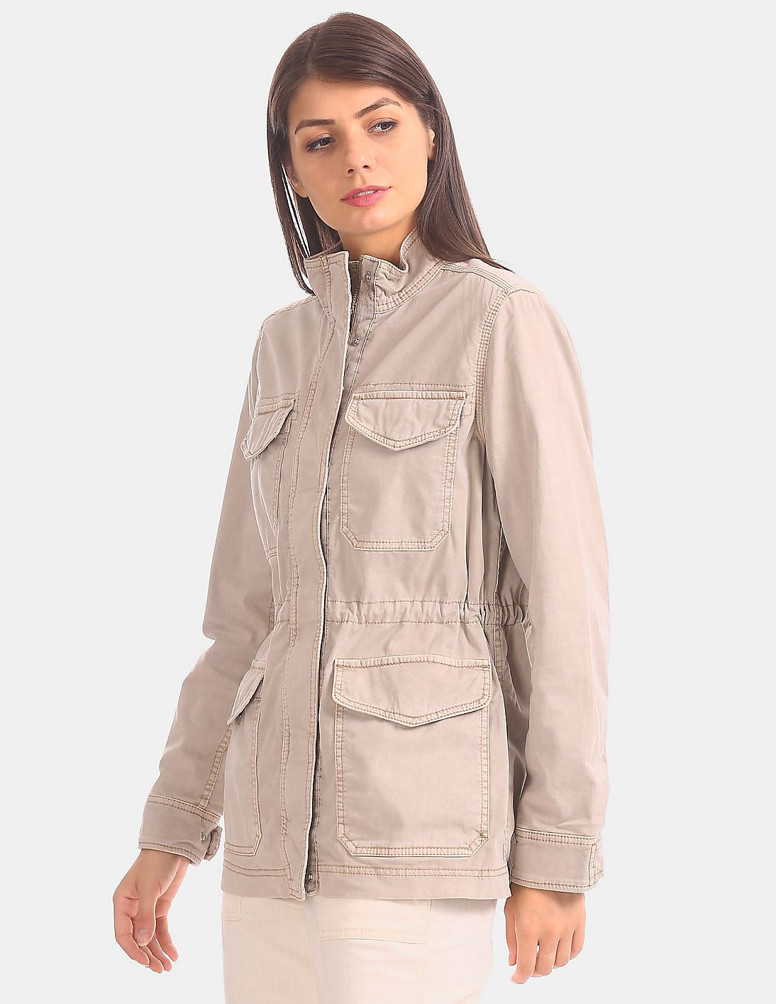 Buy GAP Women Beige Flap Pocket Cotton Stretch High Neck
