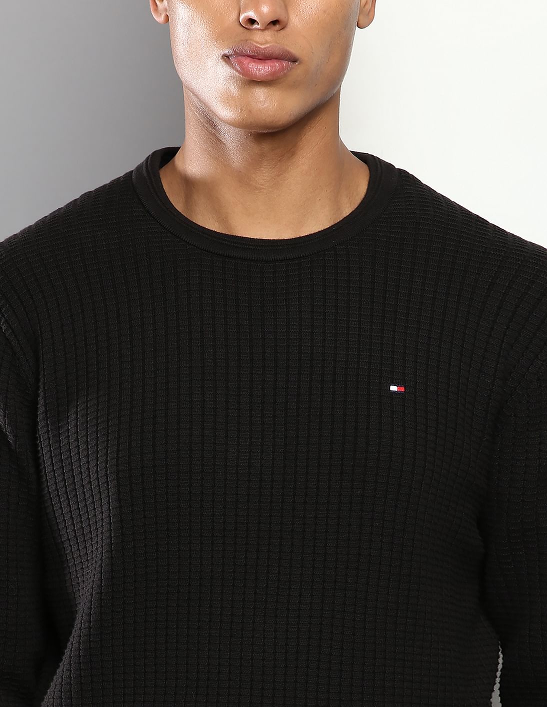 Buy Tommy Hilfiger Men Black Crew Neck Grid Structure Sweater