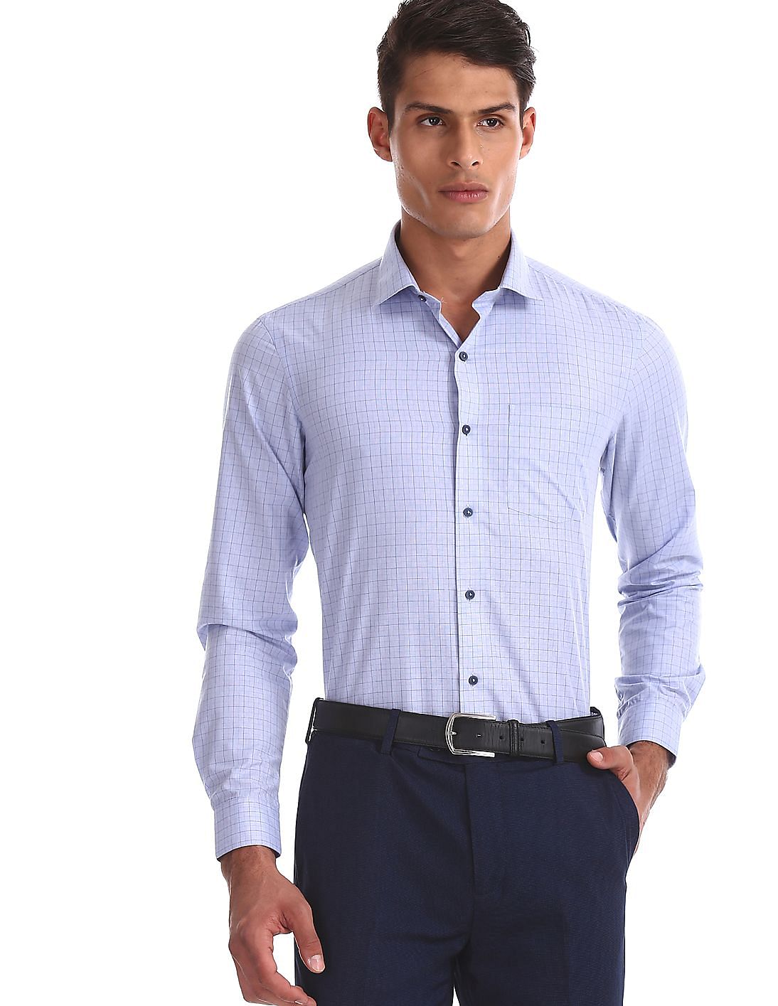 Buy Men Blue Spread Collar Tonal Check Shirt online at NNNOW.com