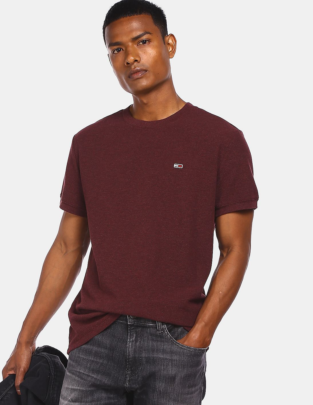 Buy Tommy Hilfiger Men Wine Red Waffle Knit Heathered T-Shirt - NNNOW.com