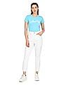 Aeropostale Women Aqua Cotton Brand Print T-Shirt