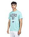 Aeropostale Men Turquoise Ribbed Crew Neck Cotton Brand Print T-Shirt