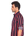 Aeropostale Men Dark Blue And Coral Spread Collar Striped Casual Shirt